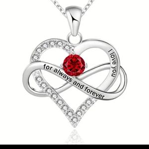 Garnet January birthstone I love you heart and infinity sign silver tone necklac